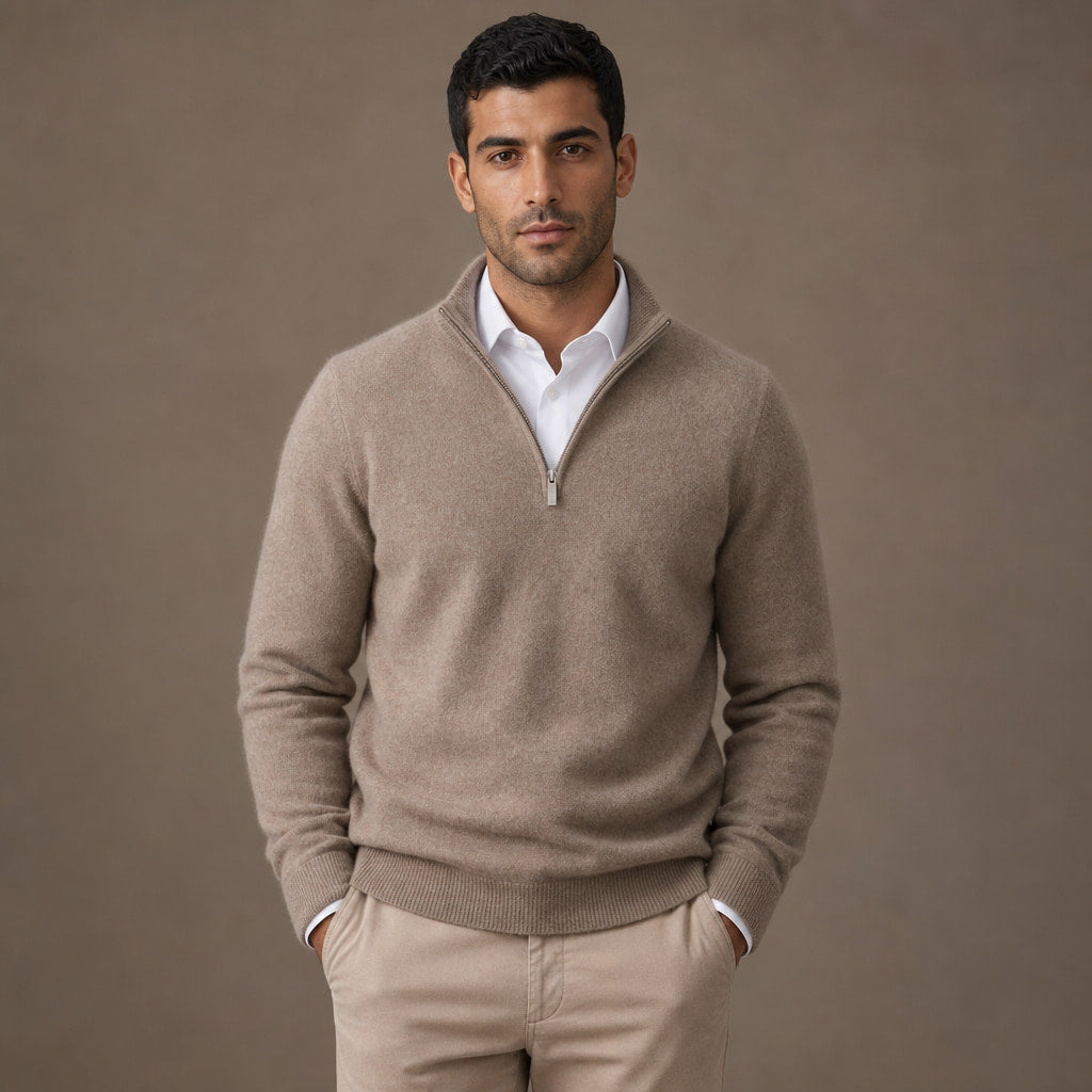 Quarter Zip Sweater Wool Blend V-Neck Ribbed in Warm Camel – Tarlano Premium Menswear