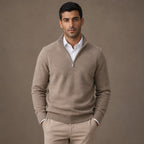 Quarter Zip Sweater Wool Blend V-Neck Ribbed in Warm Camel – Tarlano Premium Menswear