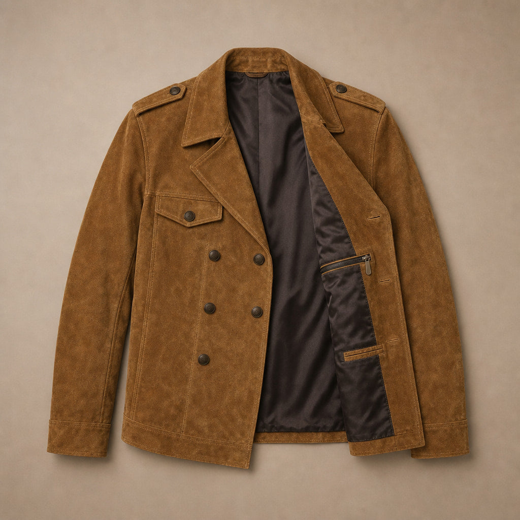 Suede Blazer Double Breasted Khaki – Flat Lay Product Photo