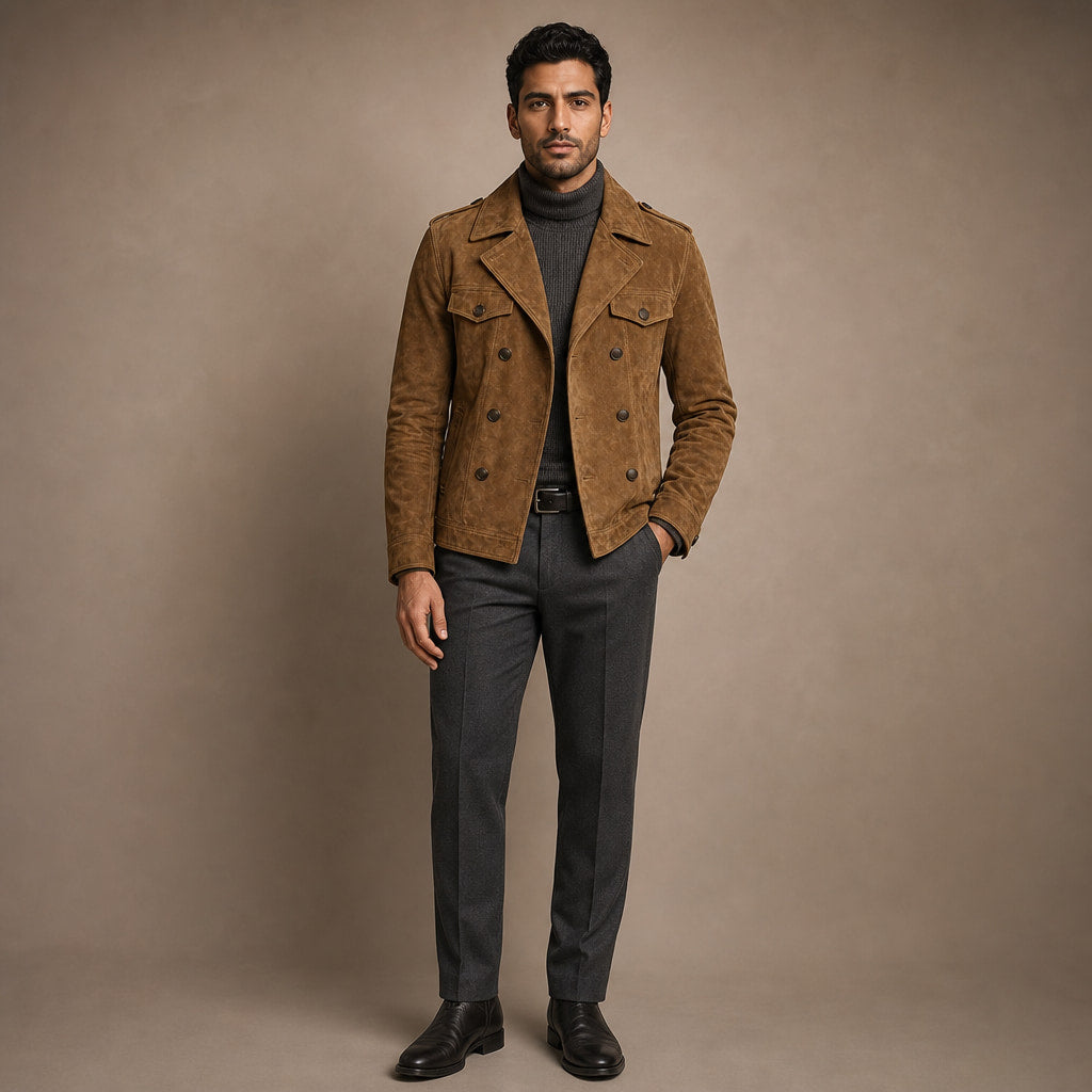 Suede Blazer Double Breasted Khaki – Full Look