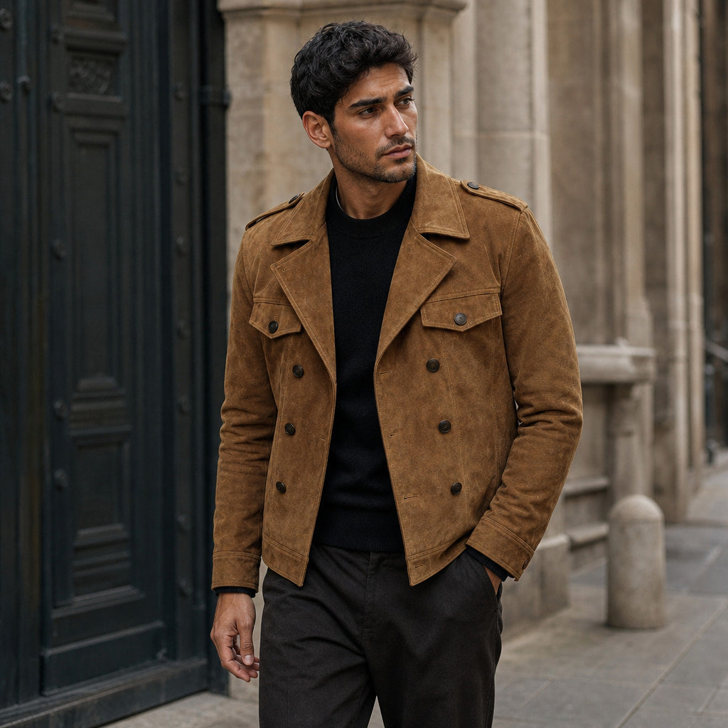 Suede Blazer Double Breasted Khaki – Styled Editorial Shot