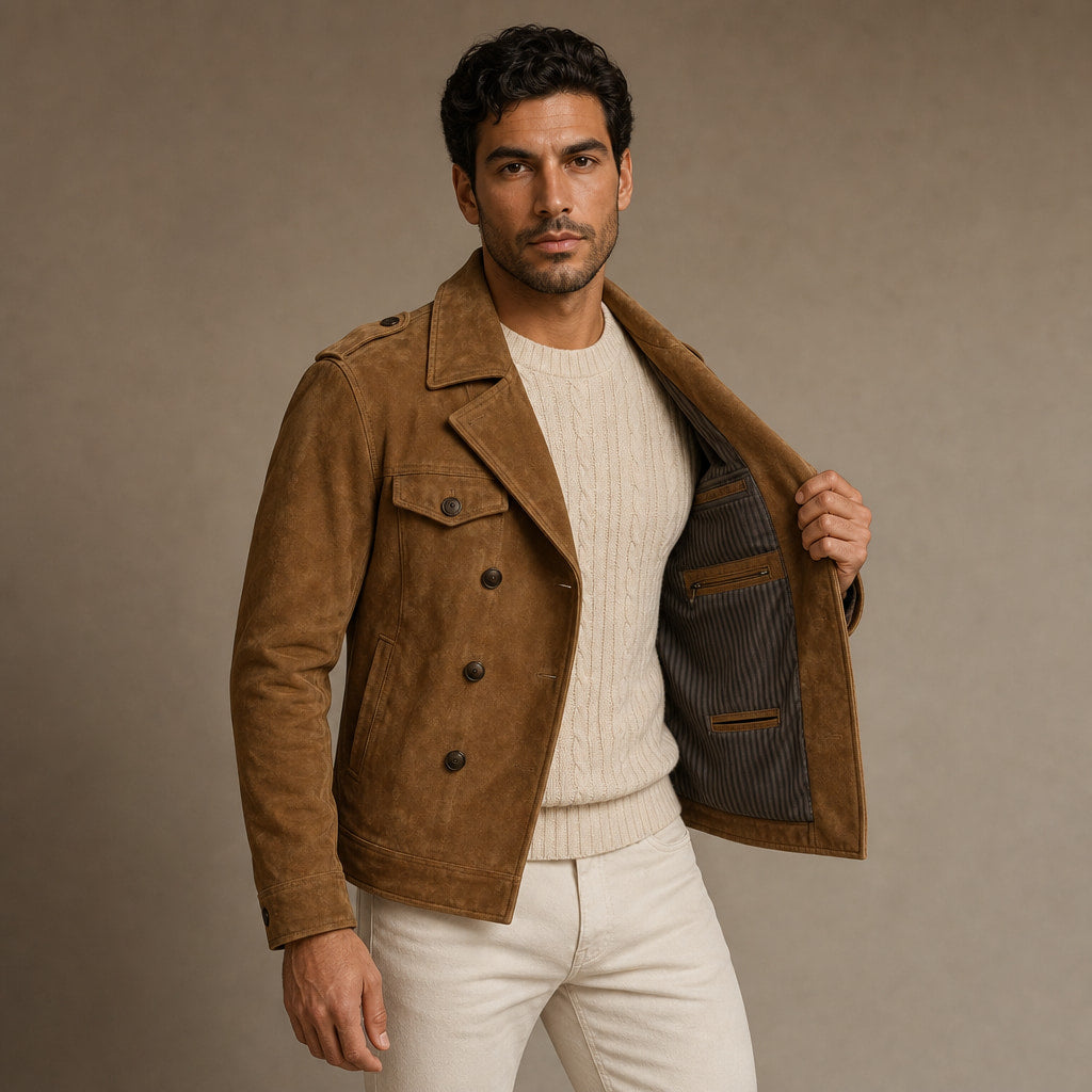 Suede Blazer Double Breasted Khaki – Interior Lining Detail