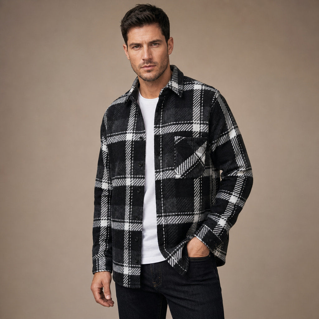 Flannel Checkered Overshirt Sleeveless Layering Black – Side Angle View