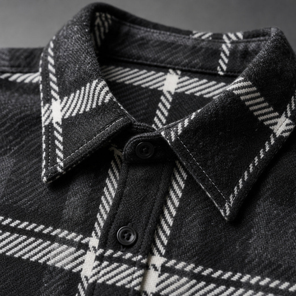 Flannel Checkered Overshirt Sleeveless Layering Black – Fabric and Detail Close-Up