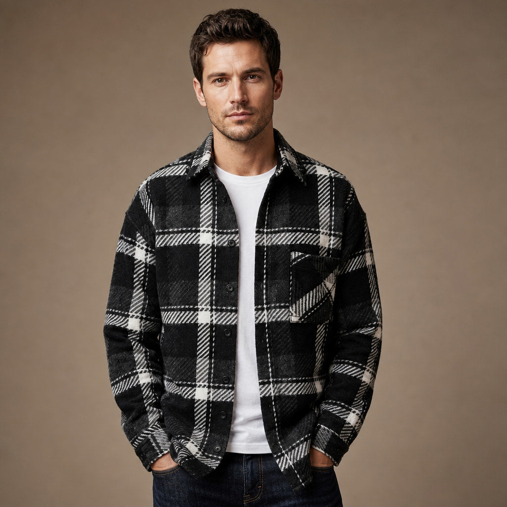 Flannel Checkered Overshirt Sleeveless Layering Black – Product Photo
