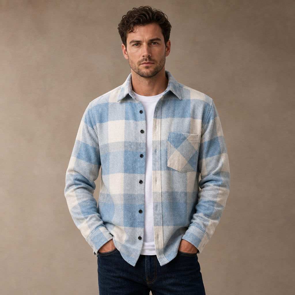 Flannel Checkered Overshirt Sleeveless Layering Blue – Product Photo