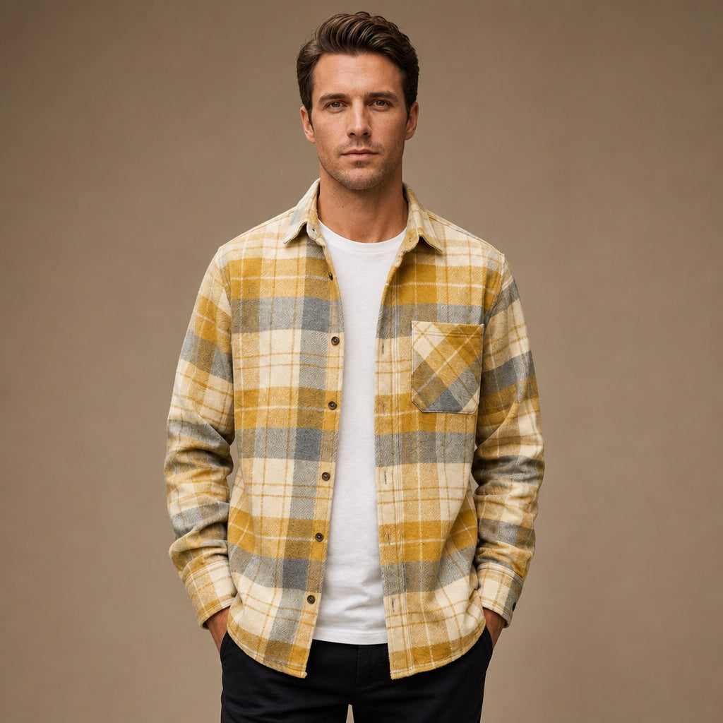 Flannel Checkered Overshirt Sleeveless Layering Yellow – Product Photo
