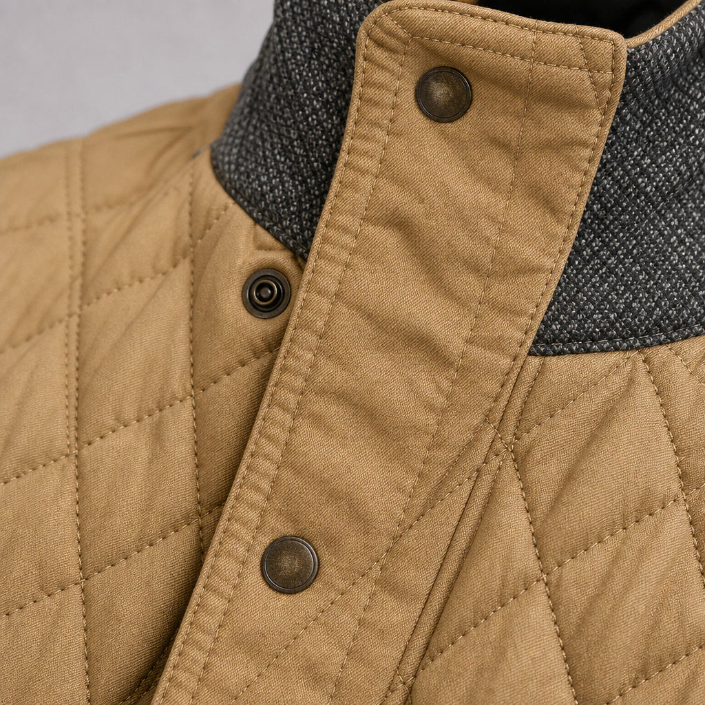 Puffer Jacket Lightweight Quilted Button-Down Khaki – Fabric and Detail Close-Up