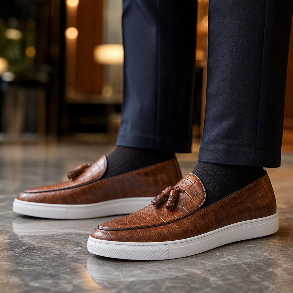 Tassel Loafer Shoes Leather Slip On Cognac Brown – Side Angle View