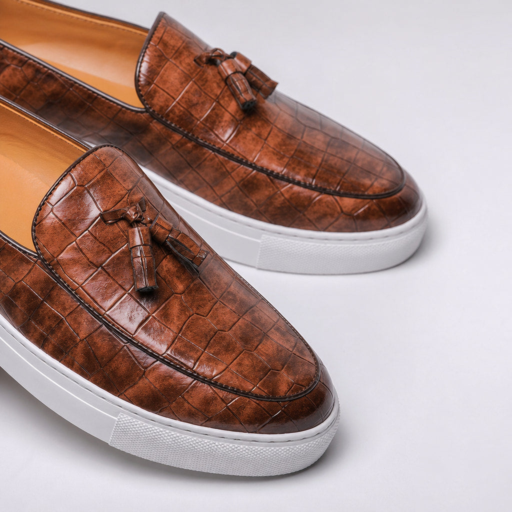 Tassel Loafer Shoes Leather Slip On Cognac Brown – Fabric and Detail Close-Up