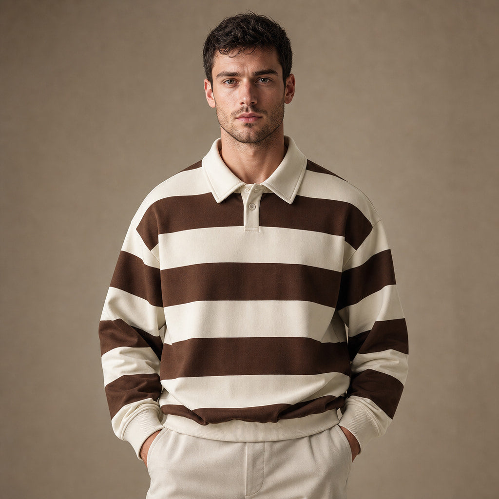 Rugby Shirt Striped Knit Button Placket in Brown – Tarlano Premium Menswear