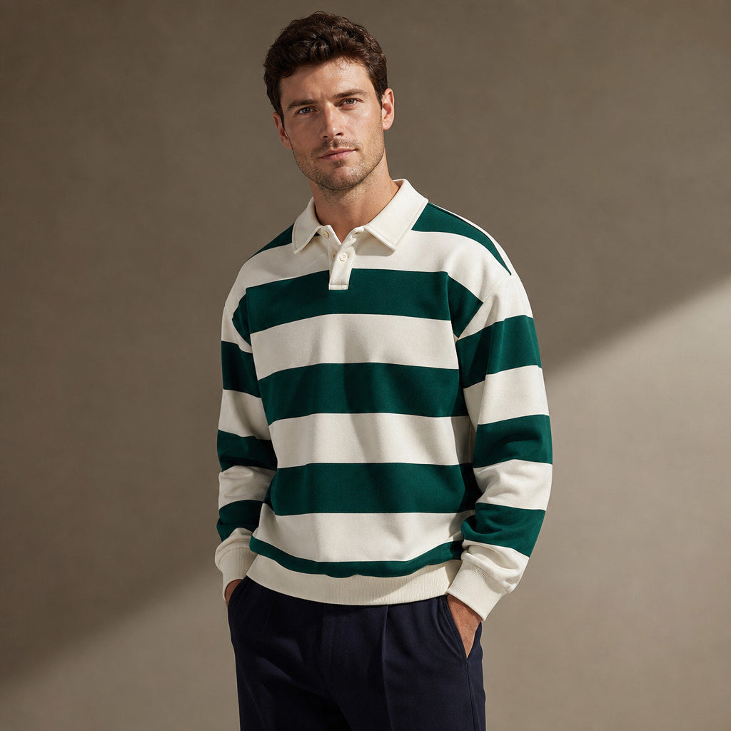 Rugby Shirt Striped Knit Button Placket Forest Green – Side Angle View
