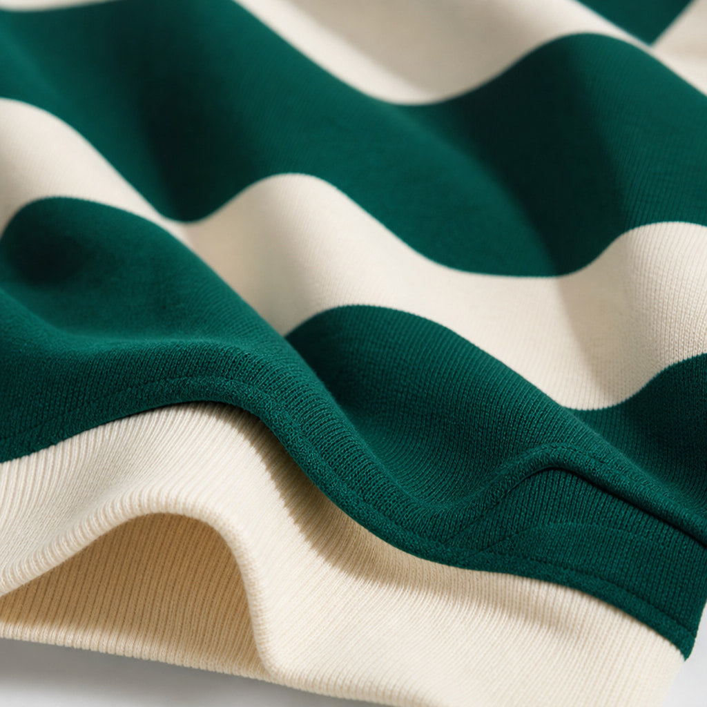 Rugby Shirt Striped Knit Button Placket Forest Green – Fabric and Detail Close-Up