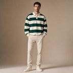 Rugby Shirt Striped Knit Button Placket Forest Green – Full Look