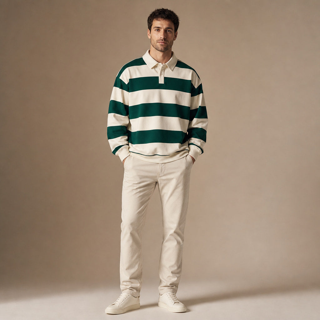 Rugby Shirt Striped Knit Button Placket Forest Green – Full Look
