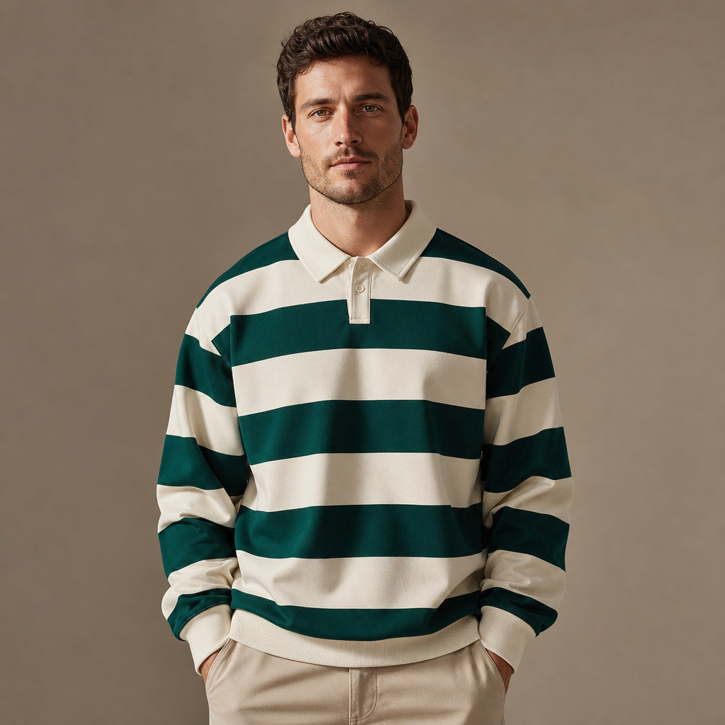 Rugby Shirt Striped Knit Button Placket in Forest Green – Tarlano Premium Menswear