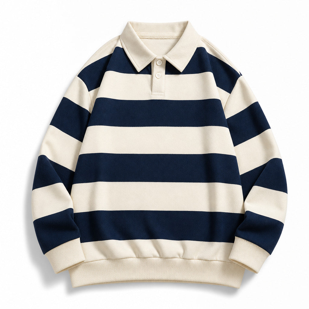 Rugby Shirt Striped Knit Button Placket Navy – Product Photo