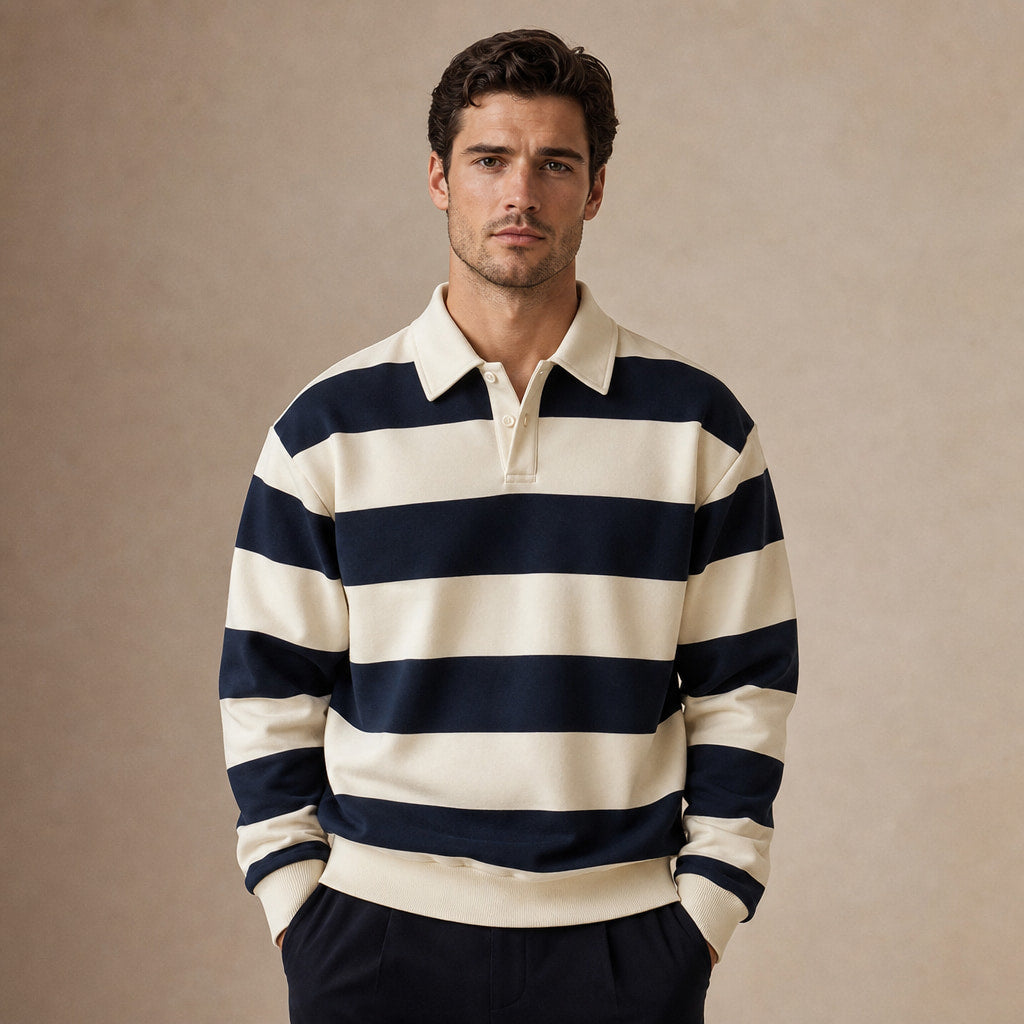 Rugby Shirt Striped Knit Button Placket in Navy – Tarlano Premium Menswear