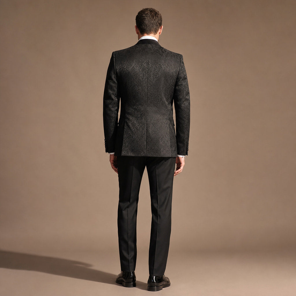 Damask Jacquard Tuxedo Three Piece Black Black – Side Angle View