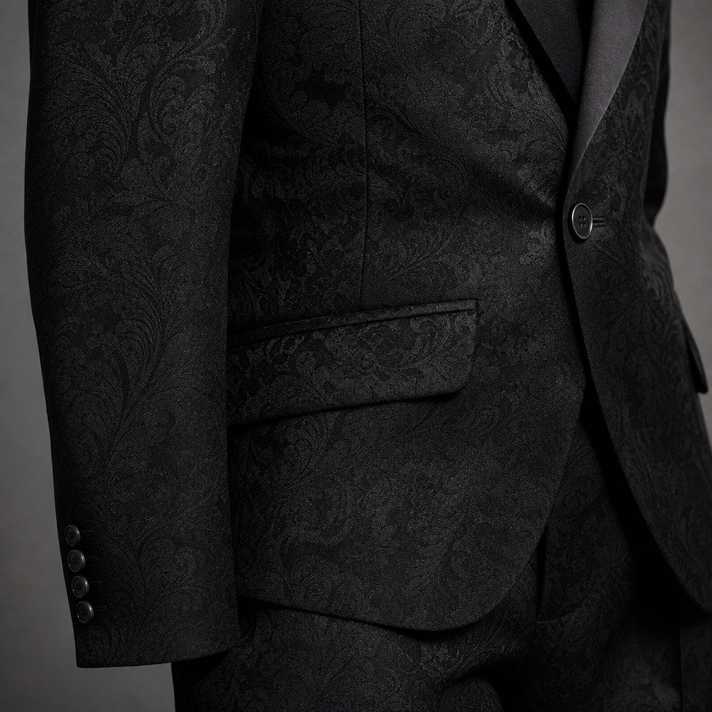 Damask Jacquard Tuxedo Three Piece Black Black – Fabric and Detail Close-Up