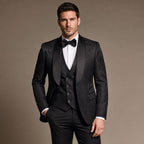 Damask Jacquard Tuxedo Three Piece Black Black – Full Look