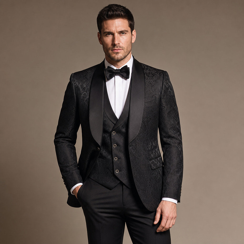 Damask Jacquard Tuxedo Three Piece Black Black – Full Look