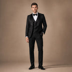 Damask Jacquard Tuxedo Three Piece Black in Black – Tarlano Premium Menswear
