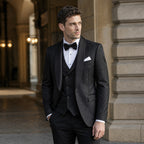 Damask Jacquard Tuxedo Three Piece Black Black – Styled Editorial Shot