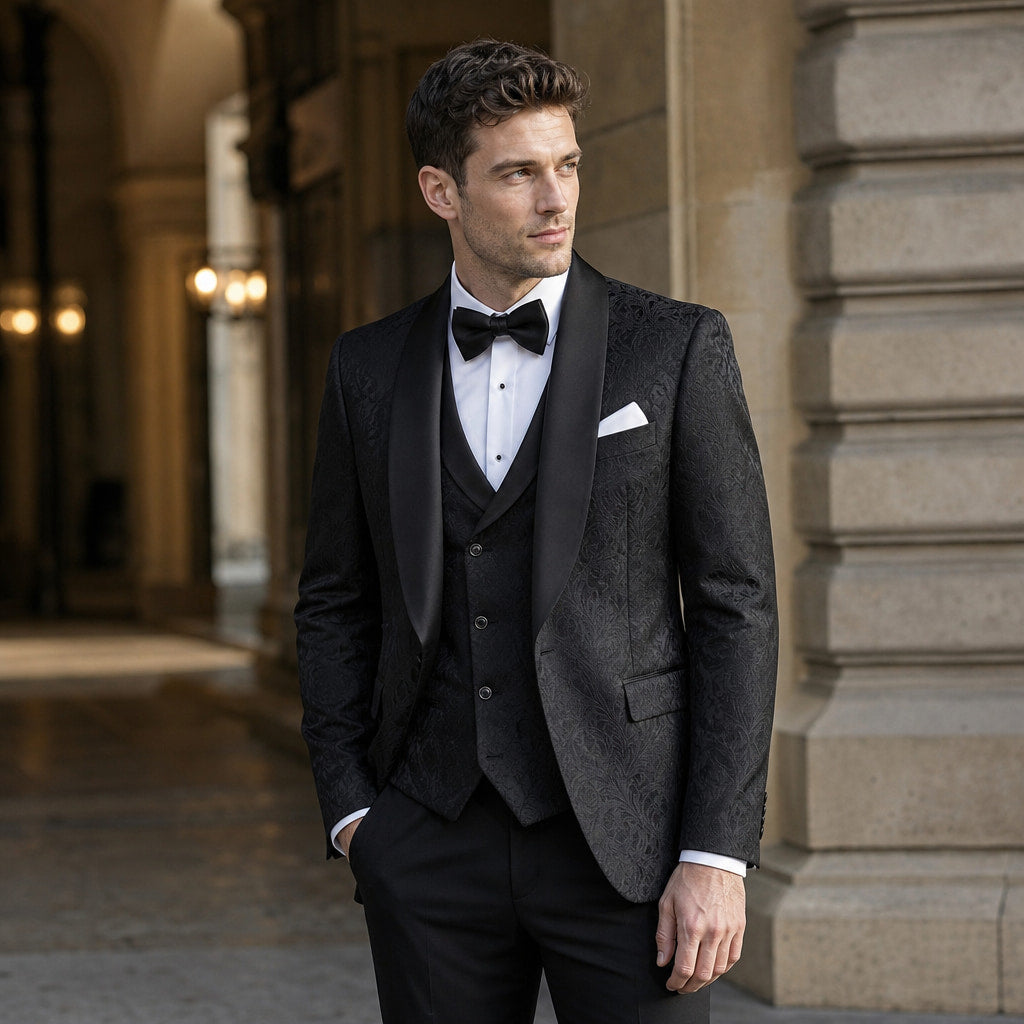 Damask Jacquard Tuxedo Three Piece Black Black – Styled Editorial Shot