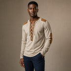 Long Sleeve Henley Lace-Up Placket Cream Beige – Side Angle View