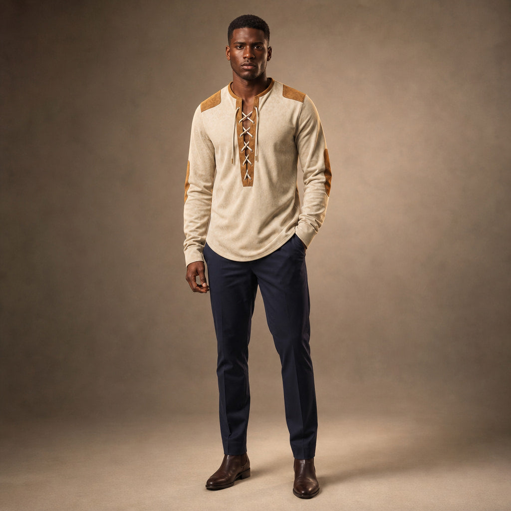 Long Sleeve Henley Lace-Up Placket Cream Beige – Full Look