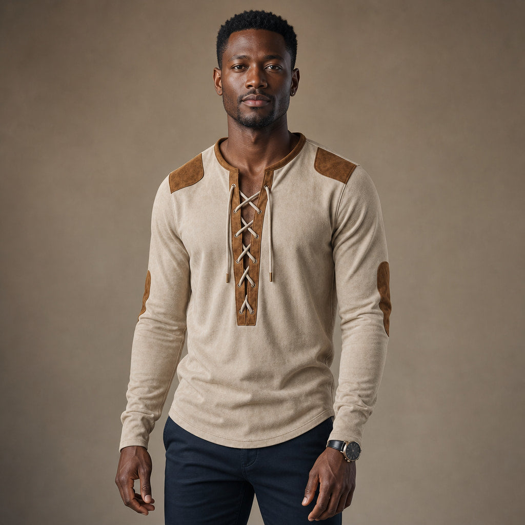 Long Sleeve Henley Lace-Up Placket in Cream Beige – Tarlano Premium Menswear