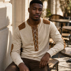 Long Sleeve Henley Lace-Up Placket Cream Beige – Styled Editorial Shot