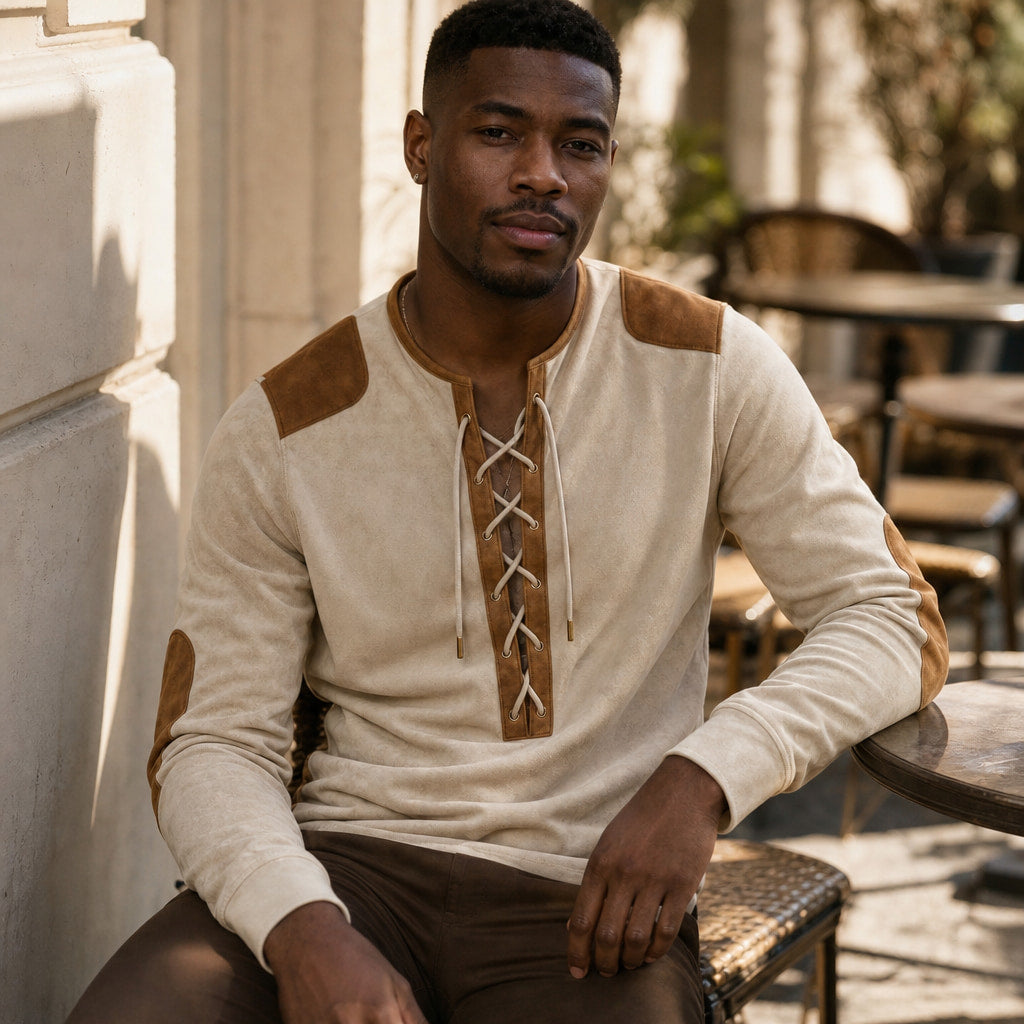 Long Sleeve Henley Lace-Up Placket Cream Beige – Styled Editorial Shot