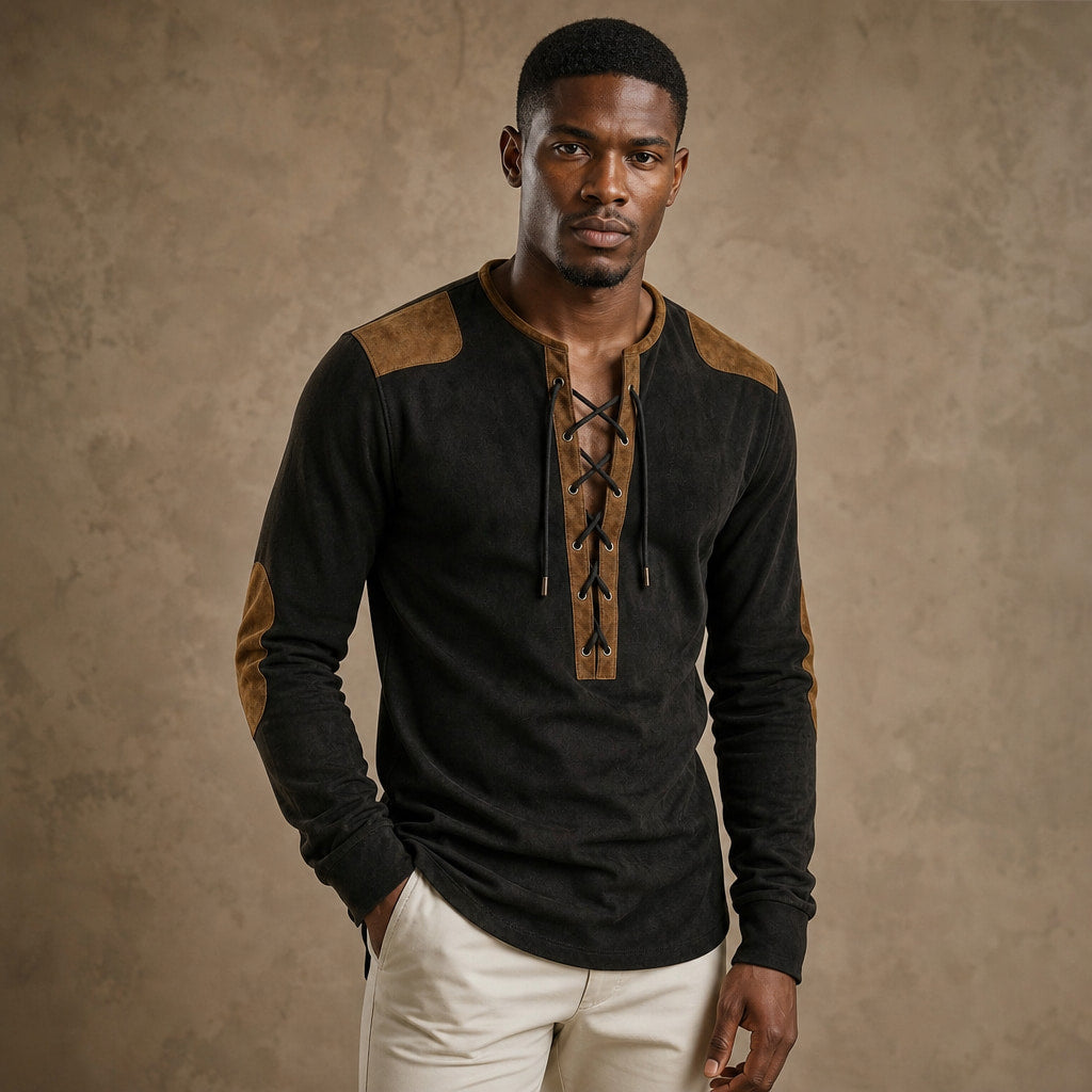 Long Sleeve Henley Lace-Up Placket Obsidian Black – Product Photo