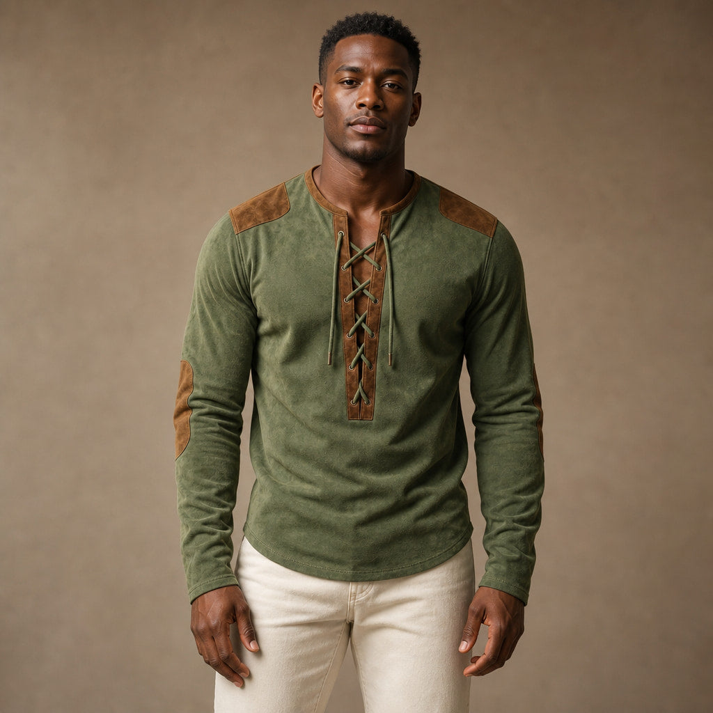 Long Sleeve Henley Lace-Up Placket in Pine Green – Tarlano Premium Menswear