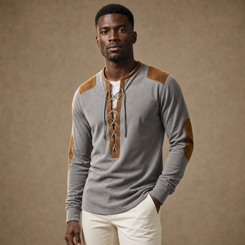 Long Sleeve Henley Lace-Up Placket Slate Gray – Product Photo