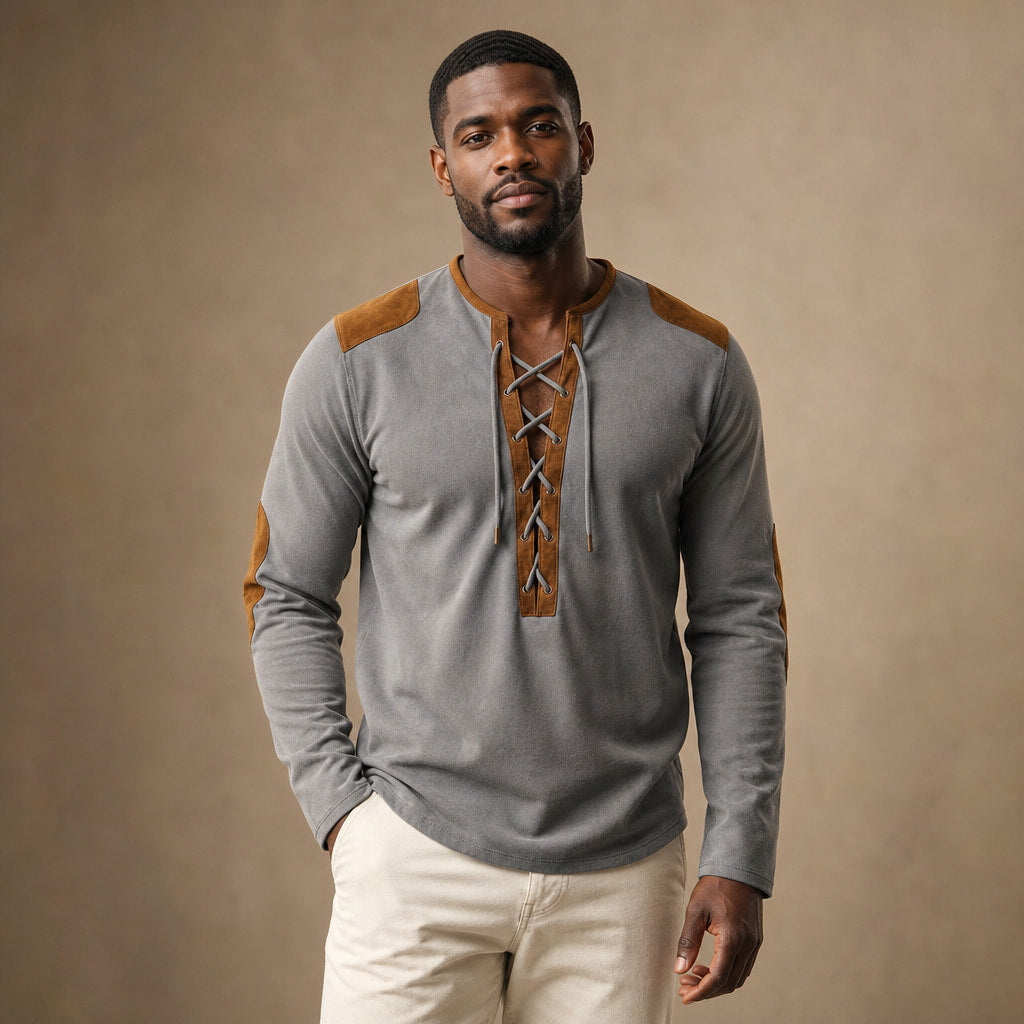 Long Sleeve Henley Lace-Up Placket in Slate Gray – Tarlano Premium Menswear