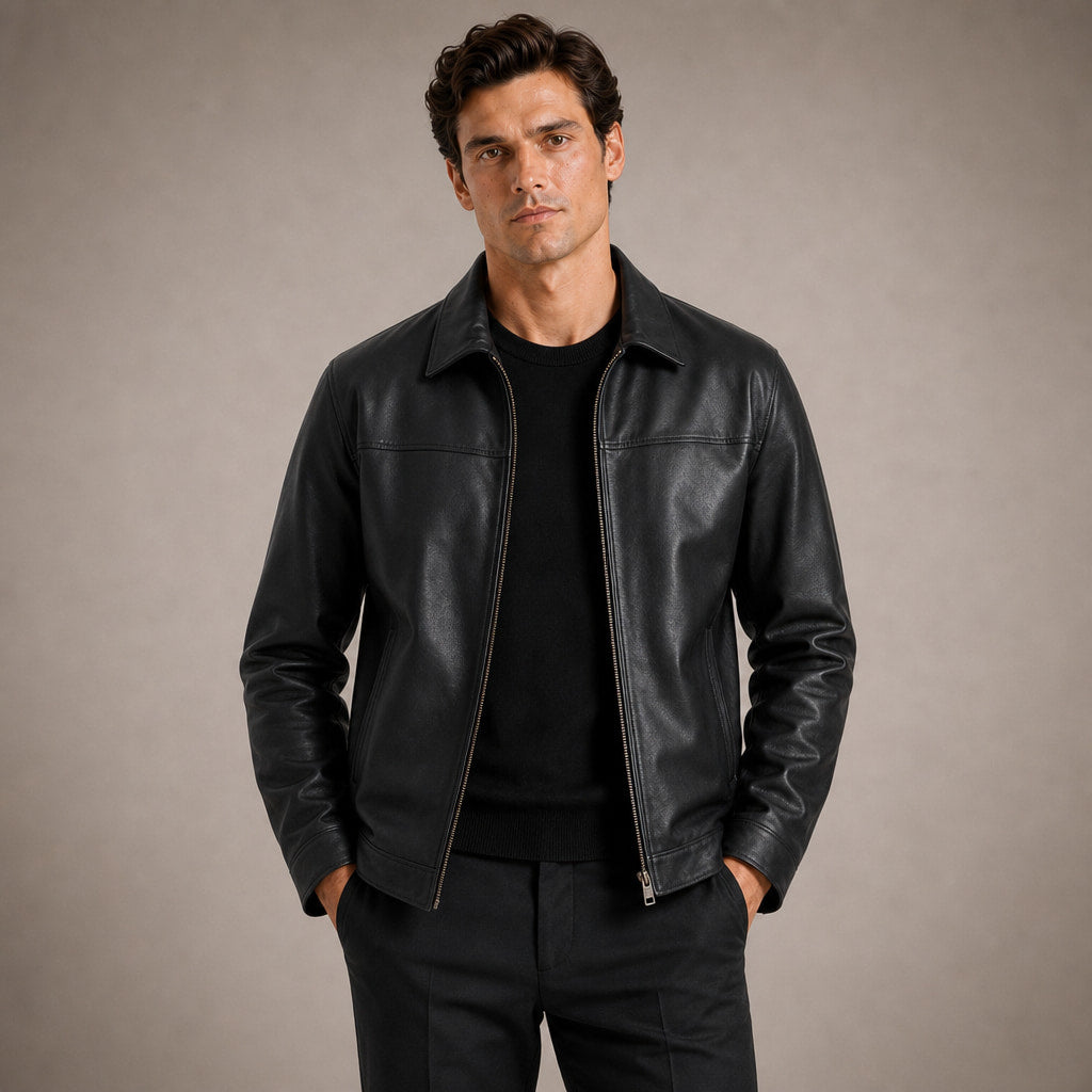 Flight Jacket Zip-Up Leather Loose Fit Black – Product Photo