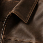 Flight Jacket Zip-Up Leather Loose Fit Brown – Fabric and Detail Close-Up