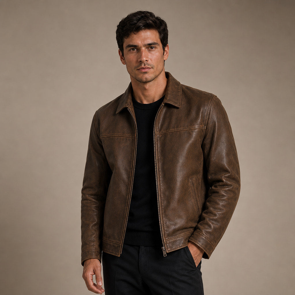 Flight Jacket Zip-Up Leather Loose Fit in Brown – Tarlano Premium Menswear