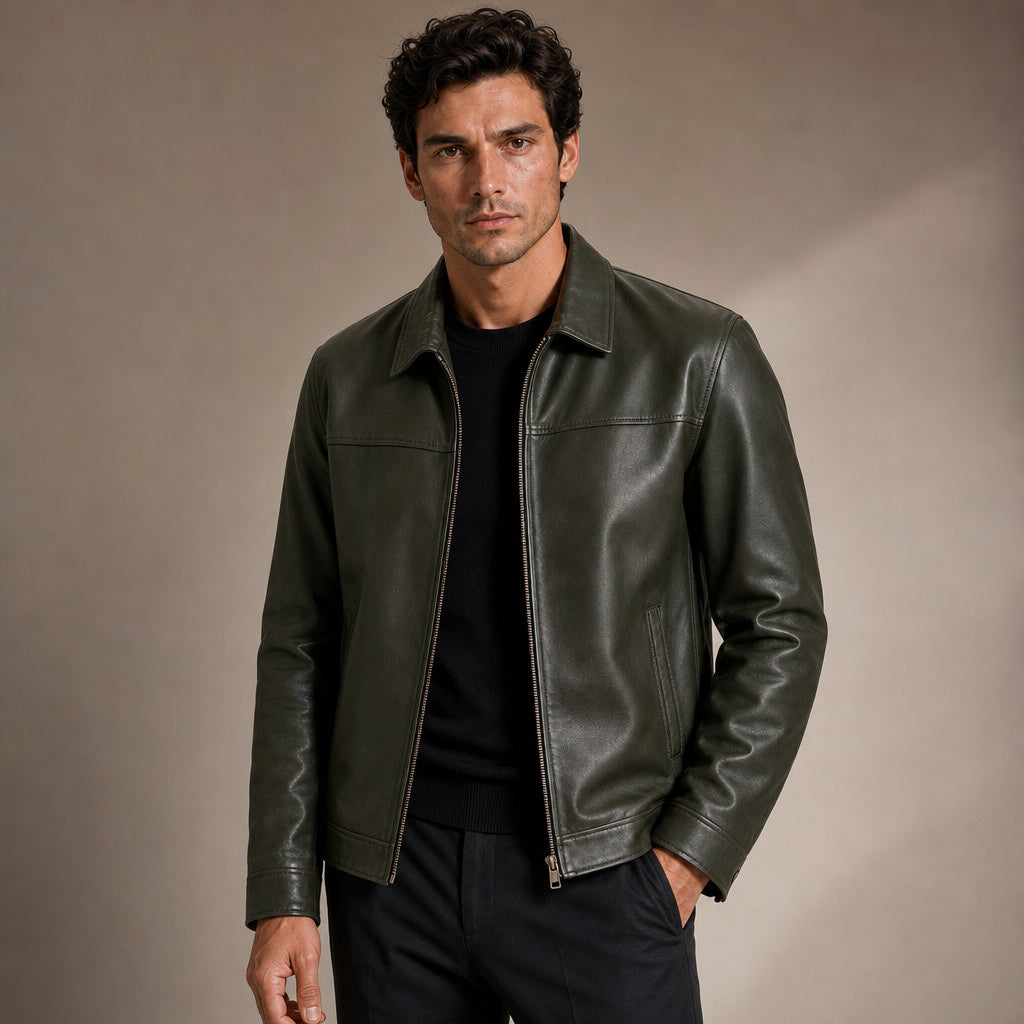 Flight Jacket Zip-Up Leather Loose Fit in Green – Tarlano Premium Menswear