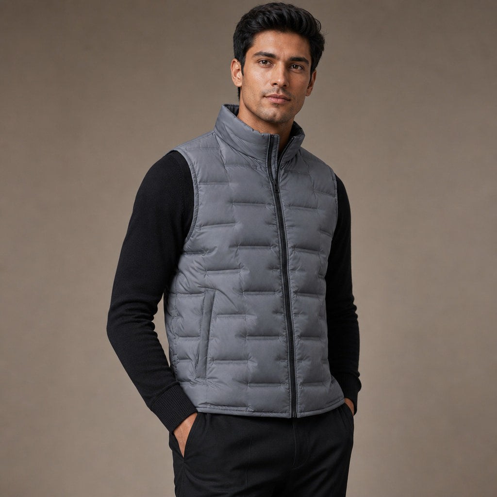 Puffer Vest Stand Collar Lightweight Down Fill Gray – Side Angle View