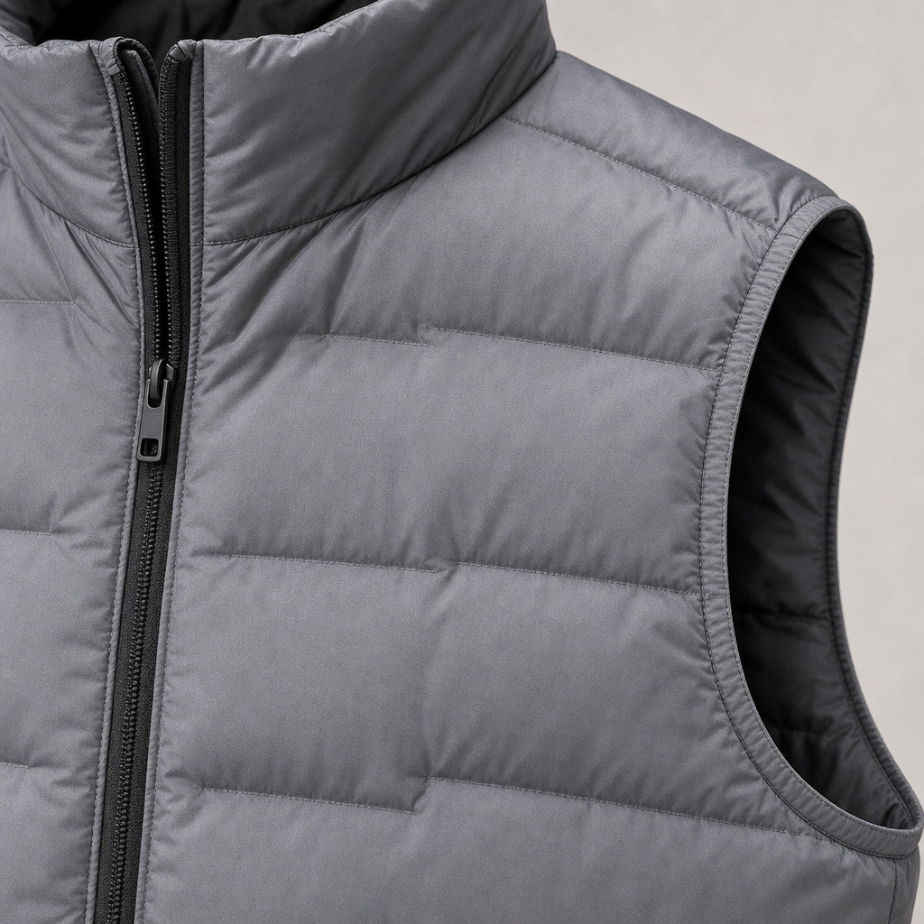 Puffer Vest Stand Collar Lightweight Down Fill Gray – Fabric and Detail Close-Up
