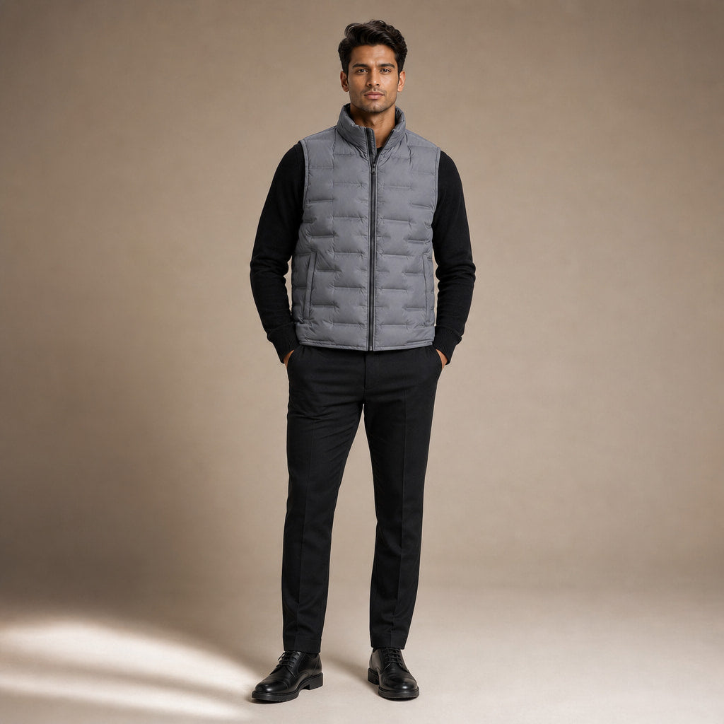 Puffer Vest Stand Collar Lightweight Down Fill Gray – Full Look