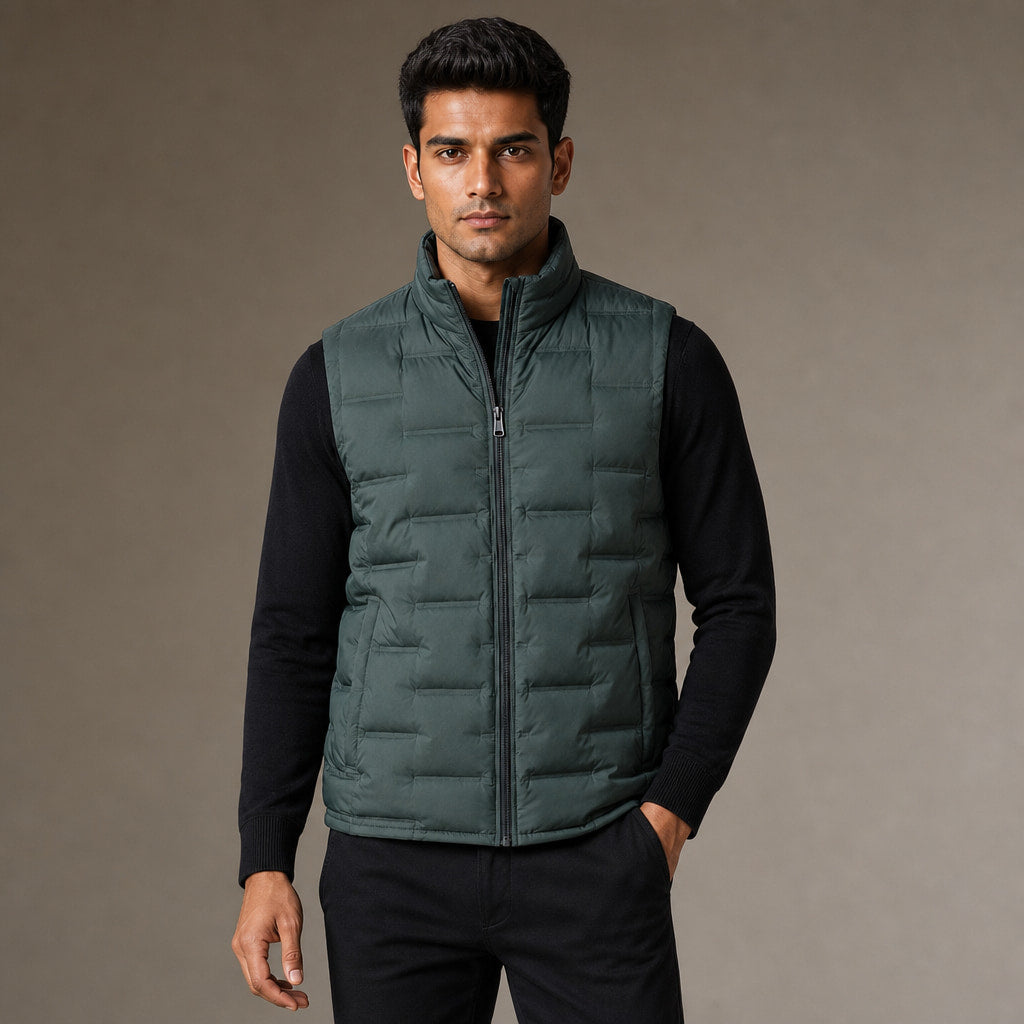 Puffer Vest Stand Collar Lightweight Down Fill Green – Product Photo