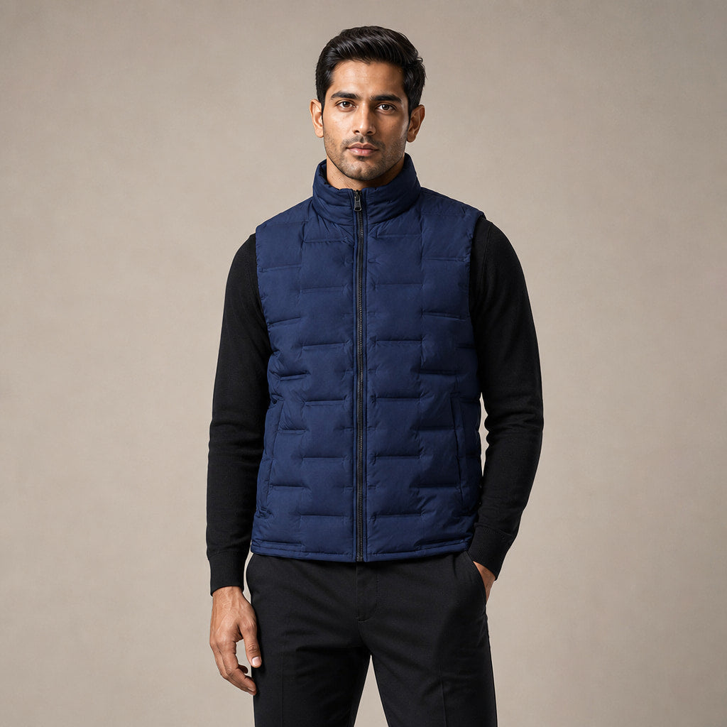 Puffer Vest Stand Collar Lightweight Down Fill Navy – Product Photo