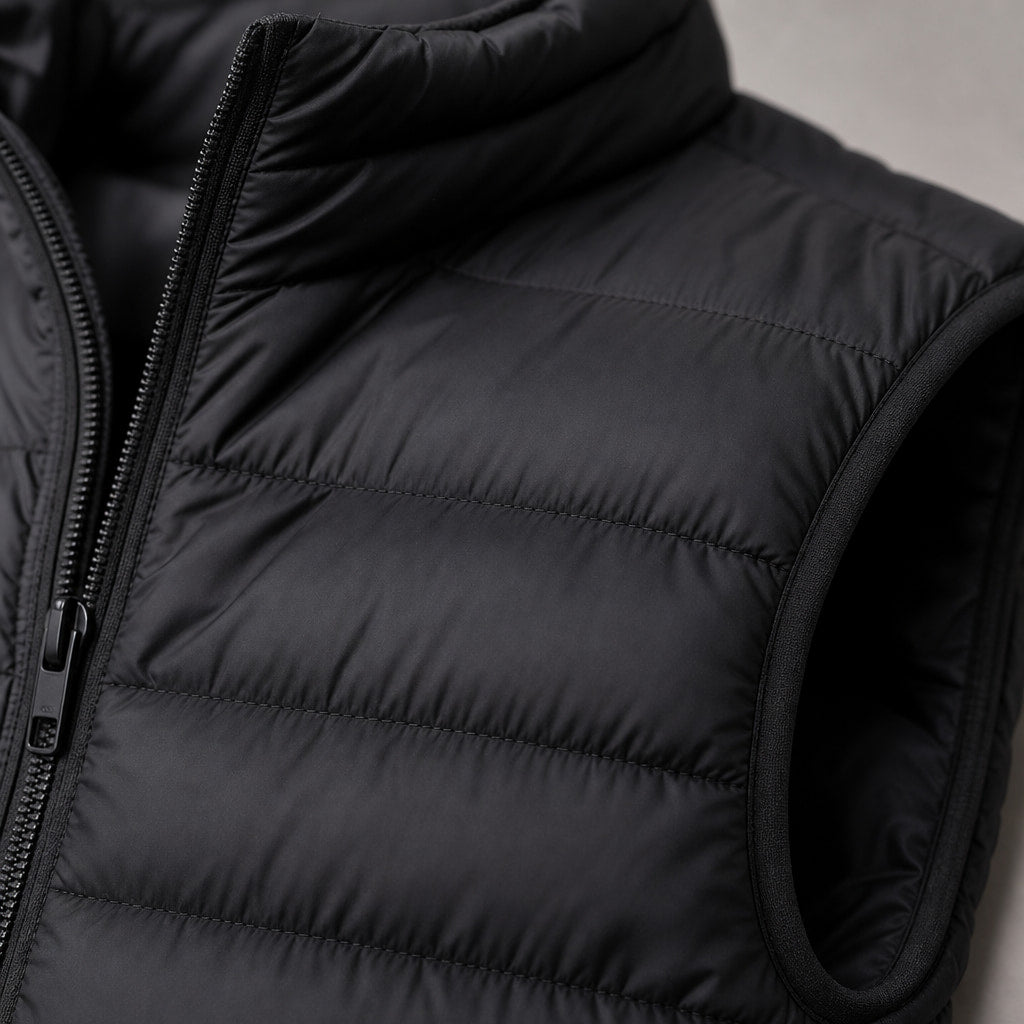 Puffer Vest Ultralight Sleeveless Insulated Black – Fabric and Detail Close-Up