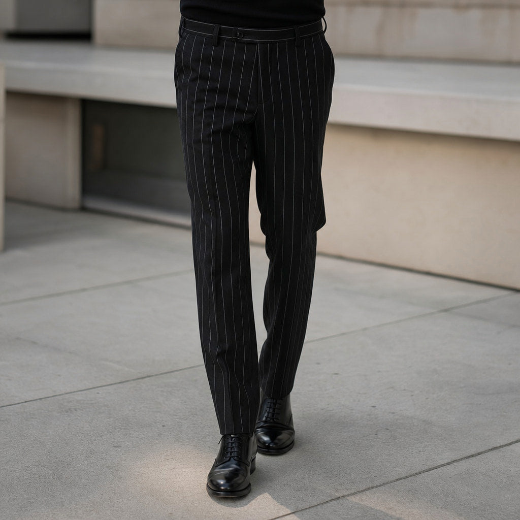 Dress Pants Pinstripe Straight Fit Black – Styled Editorial Shot