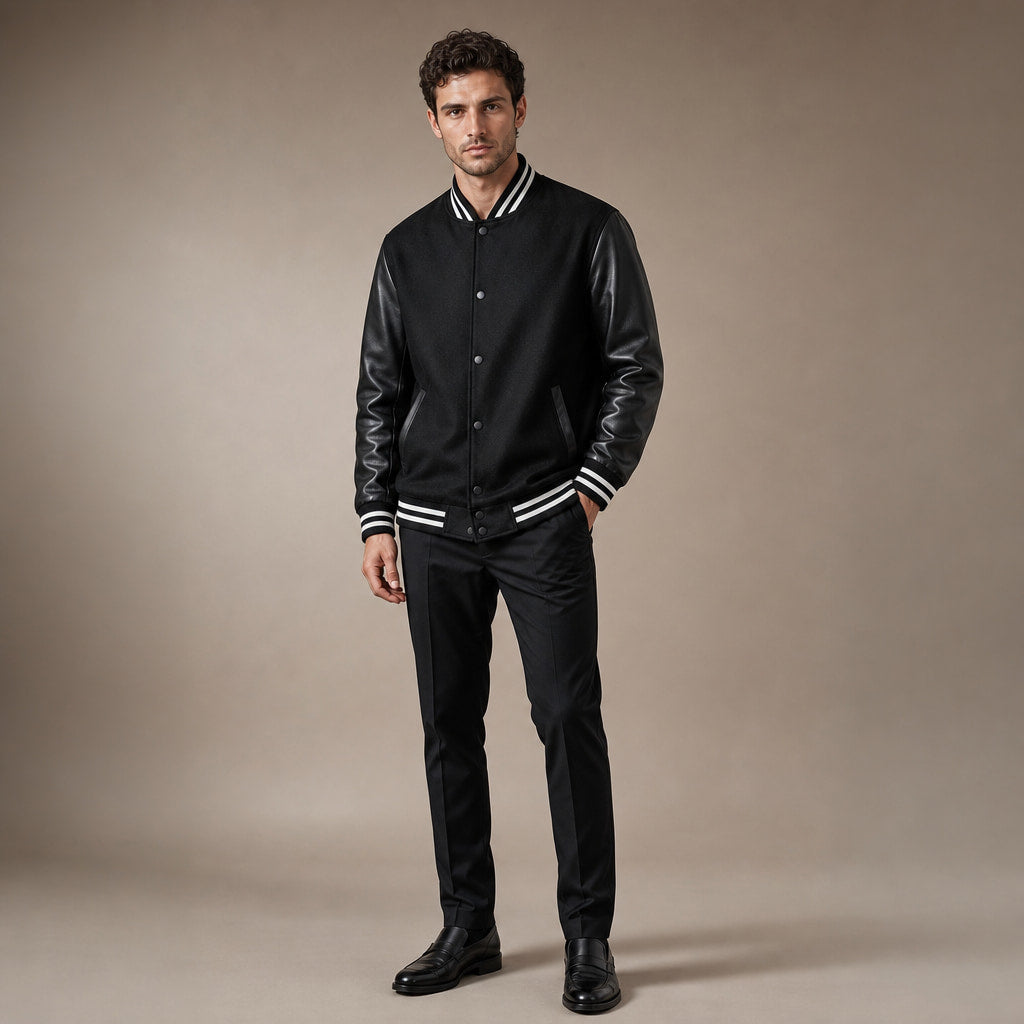 Bomber Jackets Varsity Wool Blend PU Leather Sleeves Black – Side Angle View